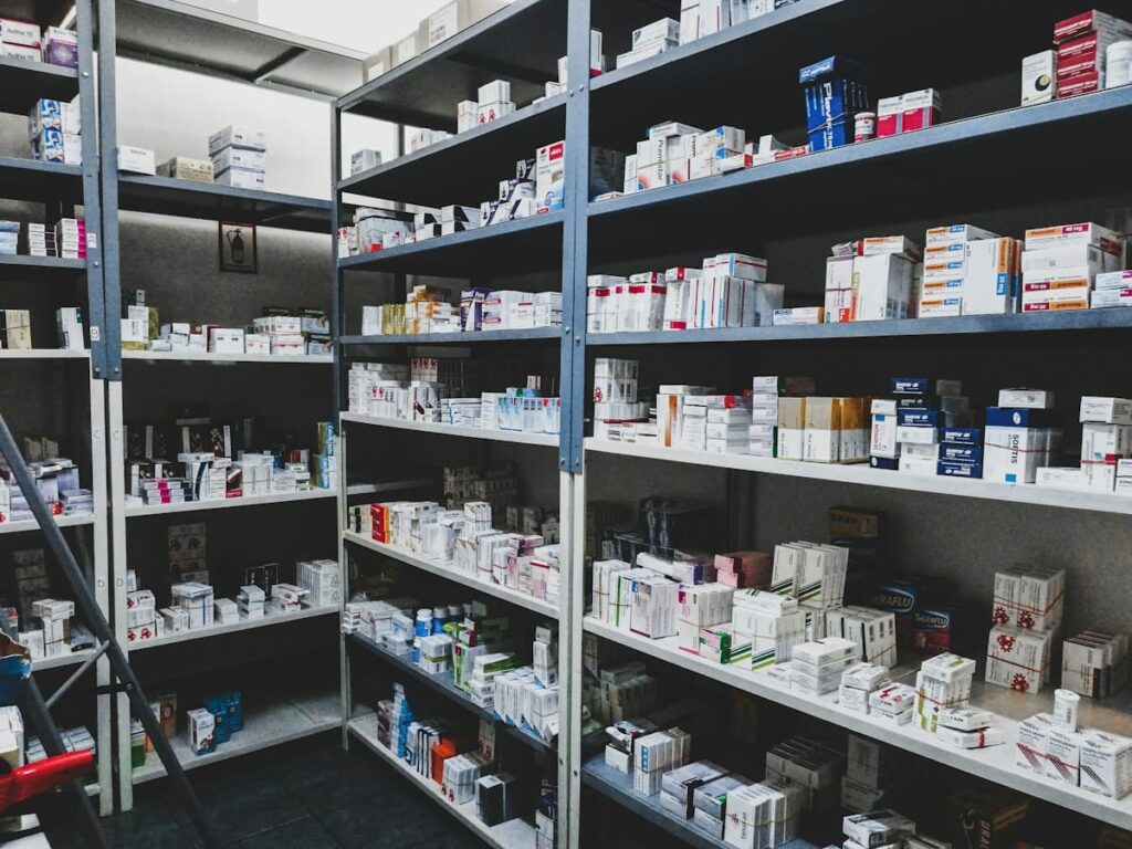 Pharmacy shelves of medicines, where emergency contraception can be bought after a condom broke