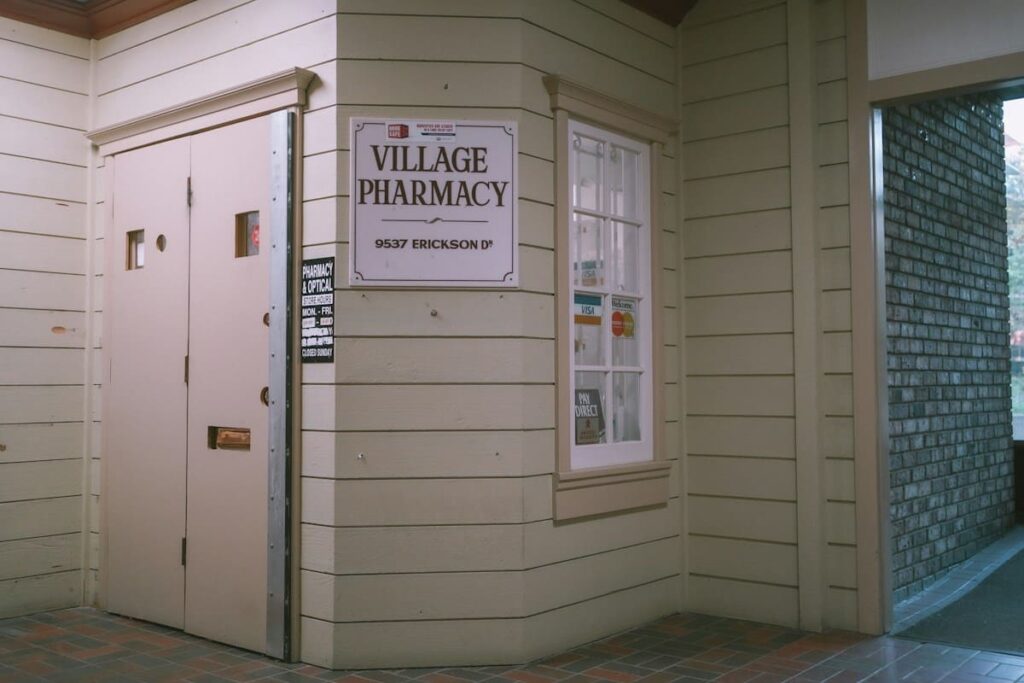 Entrance of a small village pharmacy, the kind of place to ask about PEP before travelling between islands